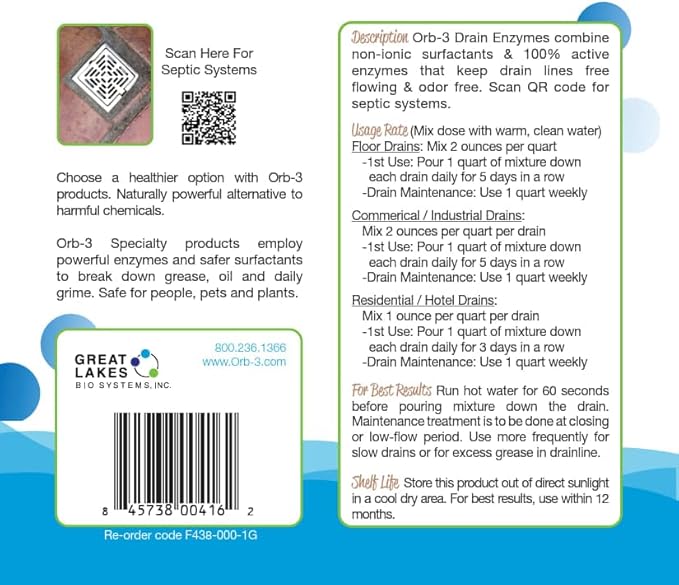 Orb-3 Drain Enzymes, Multi-Purpose Enzymatic Drain Cleaner & Deodorizer, 1-Gallon – Breaks Down Grease & Organic Build-Up for Drains, Pipes, Garbage Disposals & Septic Systems