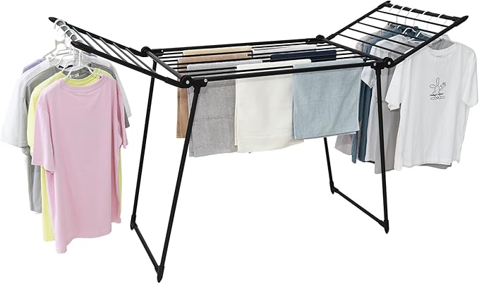 Clothes Drying Rack, with Sock Clips & with Buckle, Metal Laundry Rack, Foldable Gullwing Design, Free-Standing Laundry Airer Space-Saving, Free-Standing Airer, Indoor Outdoor Use, Black