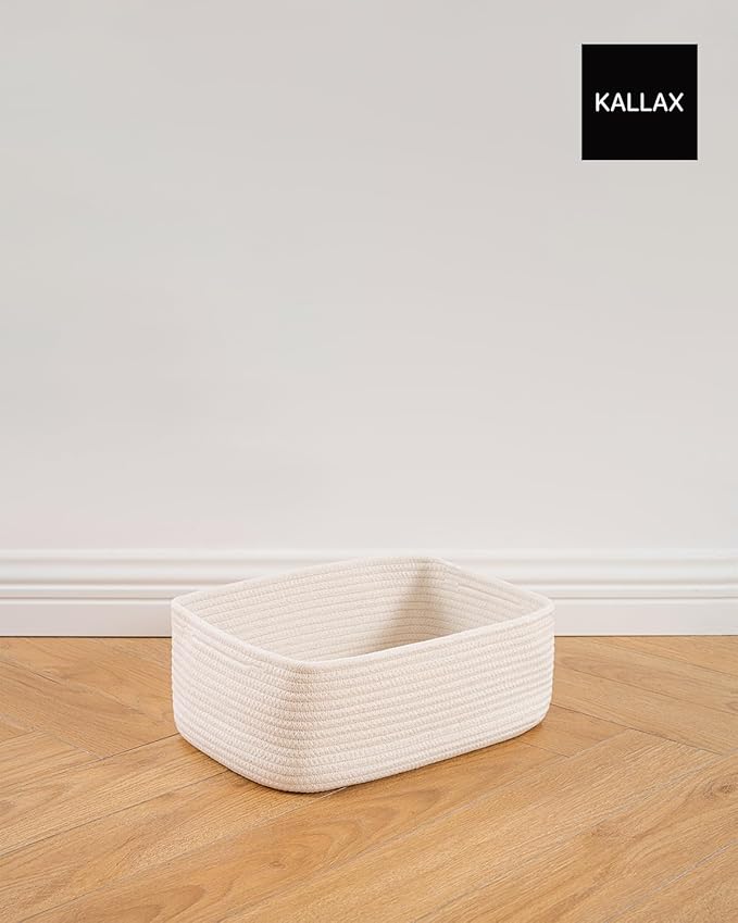 Small Woven Basket, 13.5 x 9.5 x 5 Inches, Storage Basket for Organizing, Cute Small Rope Shelf Closet Cube Storage Bins Baskets for Shelves, Dog Toy Gift Baskets Empty, 3 Packs, Off White