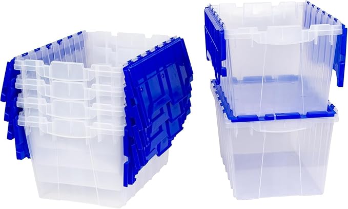 Akro-Mils KeepBox 12 Gallon Storage Container, Nesting and Stackable Plastic Storage Box with Lid Attached, Clear Tote for Garages, Closets, and Moving, 21-1/2" x 15" x 12-1/2", Clear/Blue, 6-Pack