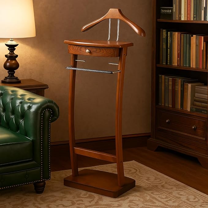 Proman Products Kingsman Suit Valet Stand VL37074 with Drawer, Top Tray, Contour Hanger, Trouser Bar, Tie & Belt Hooks and Shoe Rack, 15.5" W x 12" D x 44.5" H, Walnut