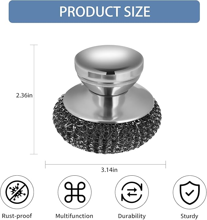 Onewly 2Pack Steel Wool Scrubber Set, Stainless Steel Scrubber with Stainless Steel Handle, for Cleaning Dishes, Cast Iron, Stock Pots, Pans, Griddles, Grills