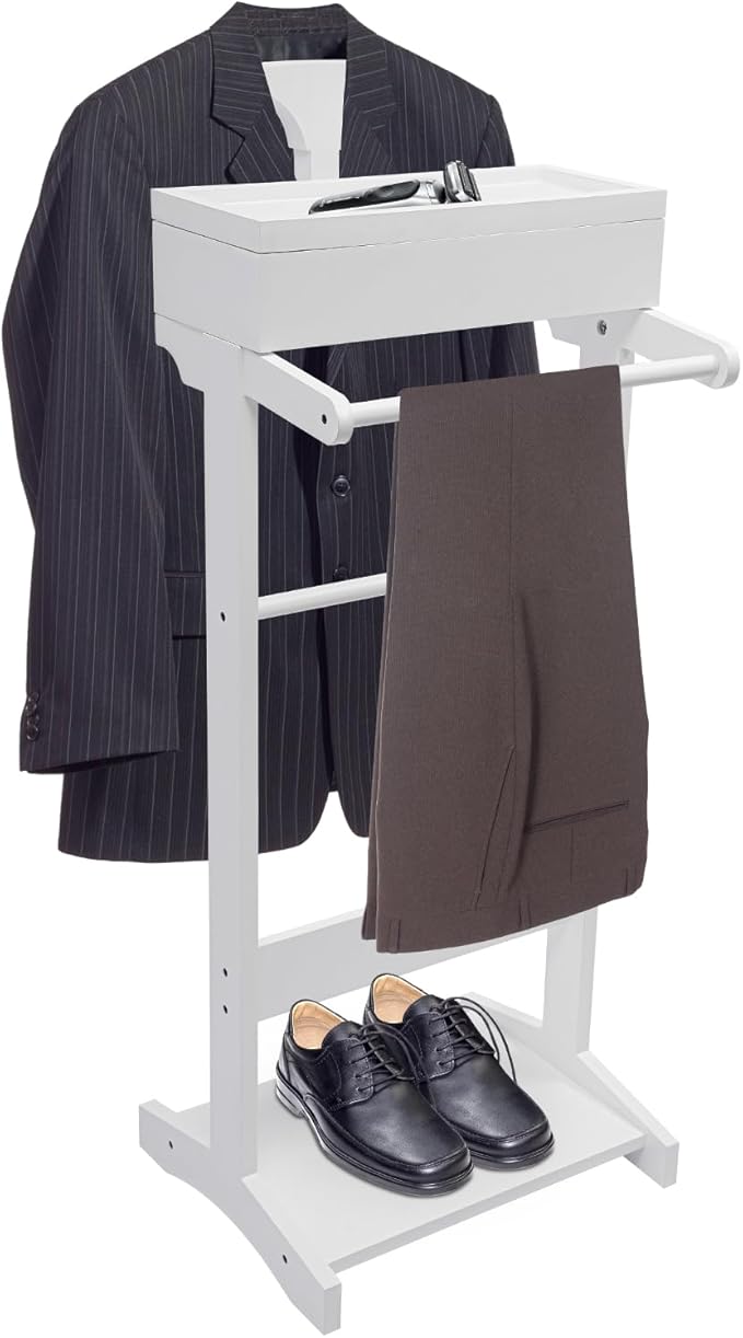 Valet Stand for Man and Women, Wood Suit Rack Suit Valet Stand with Top Tray, Storage Drawer, Bottom Shoe Rack, Freestanding Clothes Rack for Living Room, Entryway, Bedroom, Office, Black (White)