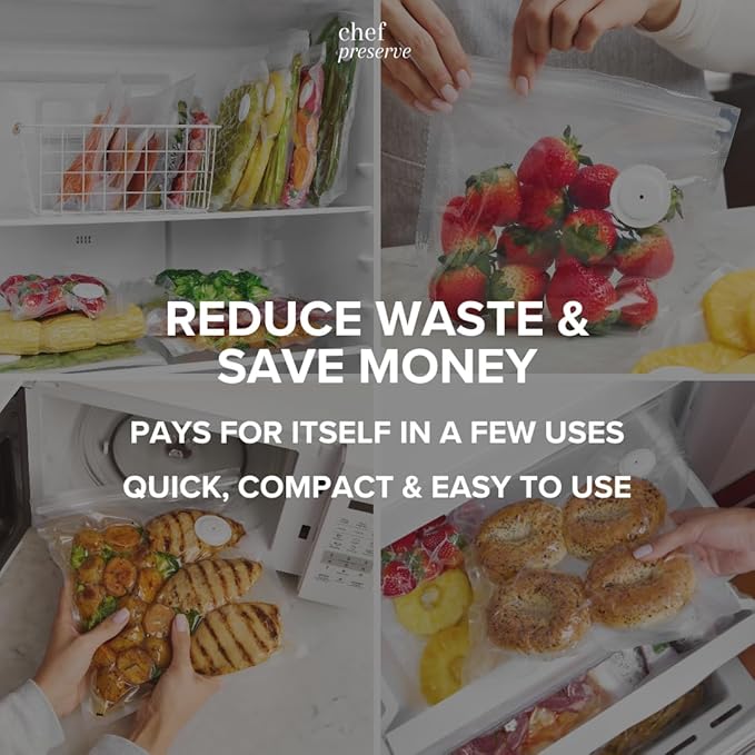 Chef Preserve Reusable Vacuum Sealer Bags for Food – 30 BPA-Free Large (12 x 13 in) Food Storage Bags, Freezer, Microwave – Odor-Resistant, Leak-Proof – Compatible with Chef Preserve Vacuum Sealers