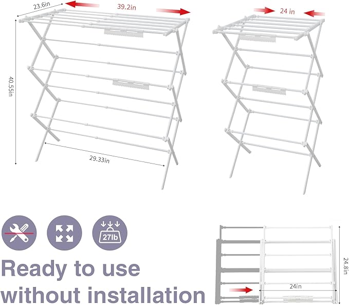 Foldable Clothes Drying Rack, Extendable Laundry Drying Rack, Clothes Airer, Steel Frame, 24-39.2”W x 23.6”D x 40.55 H, Easy Assembly, Indoor Outdoor Use, White