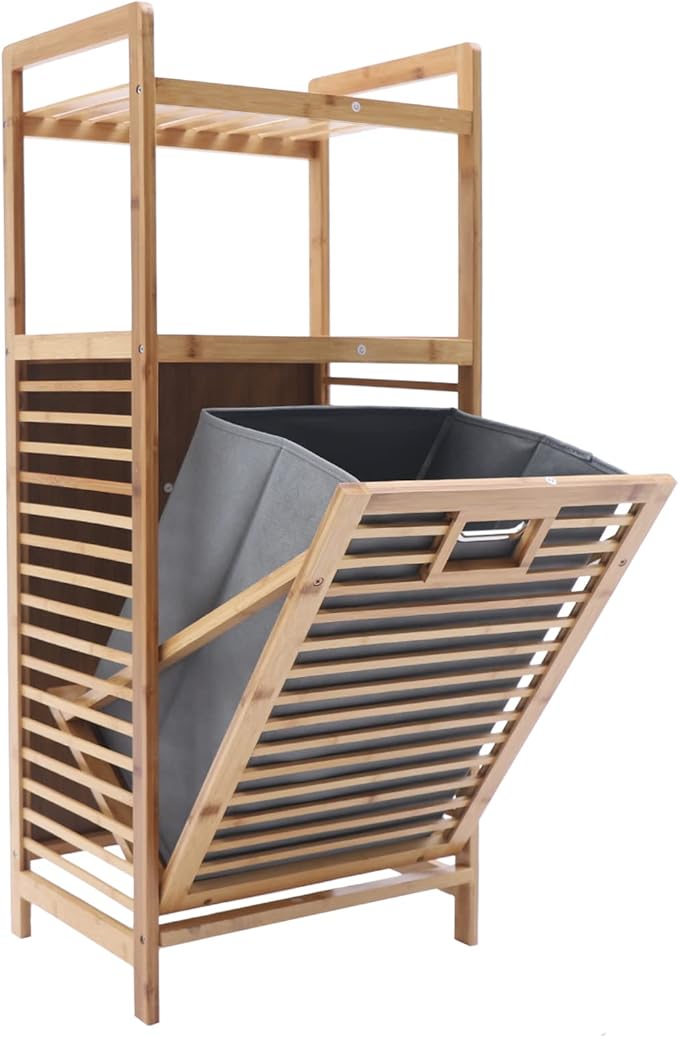 3-Tier Organizer Storage Shelf with Bamboo Frame and Pull Out Fabric Baskets Storage Drawers Unit,Laundry Towel Hamper Cabinet Tower Three Part Compartment Sorter Basket (2-Tier,Style 1)