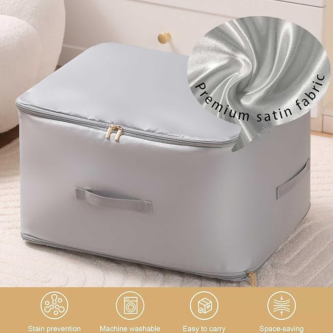 Ultra Space Saving Self Compression Organizer, 3-Layer Zipper Large Capacity Blanket Bags, Thickend Satin Fabric Comforter Storage Bag for Comforters, Clothes, Blankets (X-Large, Gray, 21x17x24in)