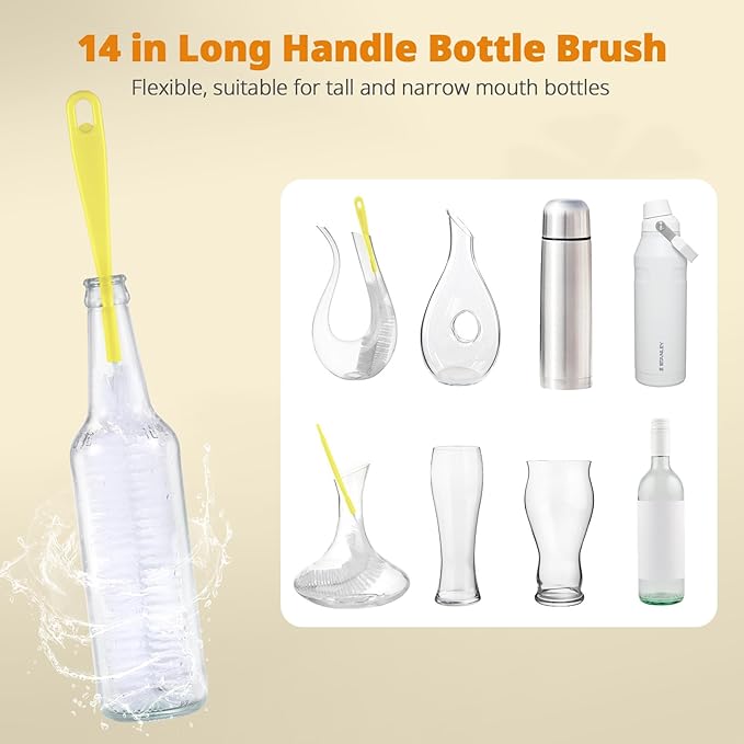 OUTXE 5 Pack Bottle Brush Set, 5-in-1 Water Bottle Cleaner Brush, 15" Long Handle Bottle Cleaning Brush, 3 Straw Brush, Removable Nipple Brush, Detail Brush for Cup Lid Gap, WBBSBLB5