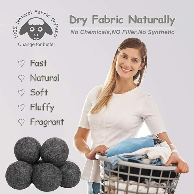 Budieggs Wool Dryer Balls Dark Grey XL 6-Pack, 100% New Zealand Organic Fabric Softener for 1000+ Loads, Baby Safe & Hypoallergenic, Reduce Wrinkles & Shorten Drying Time Naturally (6pcs Grey-XL)