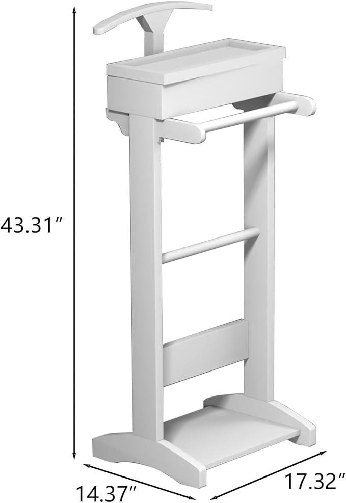 Mens Valet Stand with Top Tray Organizer, Shoe Shelf and Suit Rack, Wooden Clothes Valet Stand for Bedroom Entryway (White)