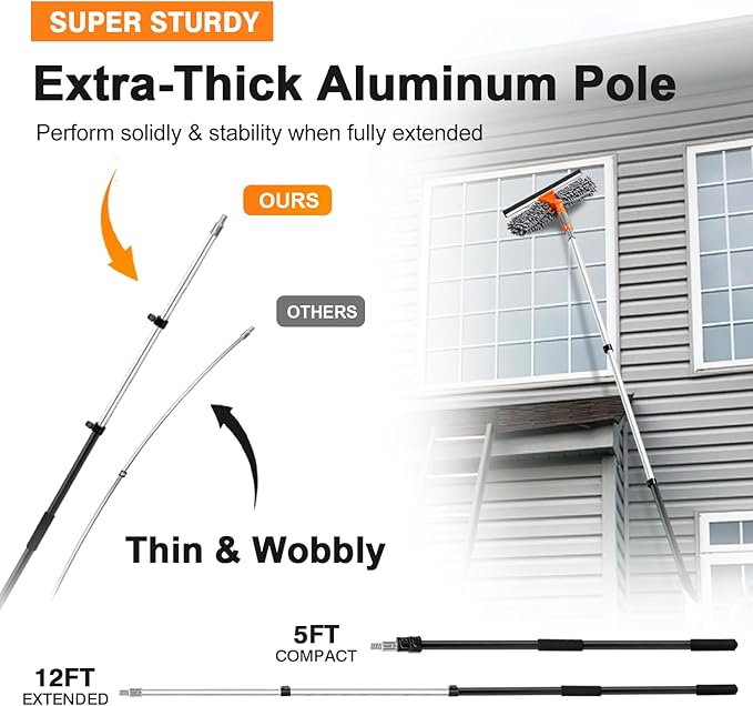 20 Ft High Reach Window Squeegee with 5-12Ft Extra-Thick Aluminum Telescopic Extension Pole| 14" Extra-Large 2-in-1 Window Cleaner Tool| Window Washer for Indoor/Outdoor Window,RV,Truck Glass