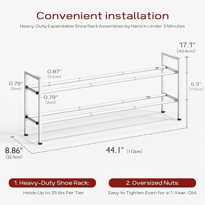 Bumusty 2-Tier Long Expandable Shoe Rack for Closet, 18"-44" Adjustable Shoe Rack for Entryway, 10-12 Pairs Large Shoe Organizer Shelf Storage, Sturdy Metal, White