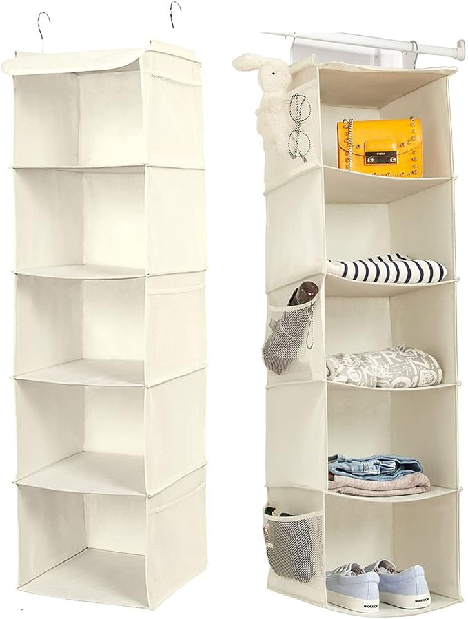 BrilliantJo 5 Shelves Hanging Closet Organizer, 2 Pack Hanging Storage with 6 Side Pockets for Clothes Shoes, 43"x12"x12"(Beige)
