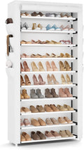 VTRIN Tall Shoe Rack with Cover, 10 Tier Shoe Organizer Storage for 50-55 Pairs Shoes and Boots Large Capacity Shoe Shelf with 8 Pockets Free Standing Shoe Rack for Closet, Entryway, Garage, White