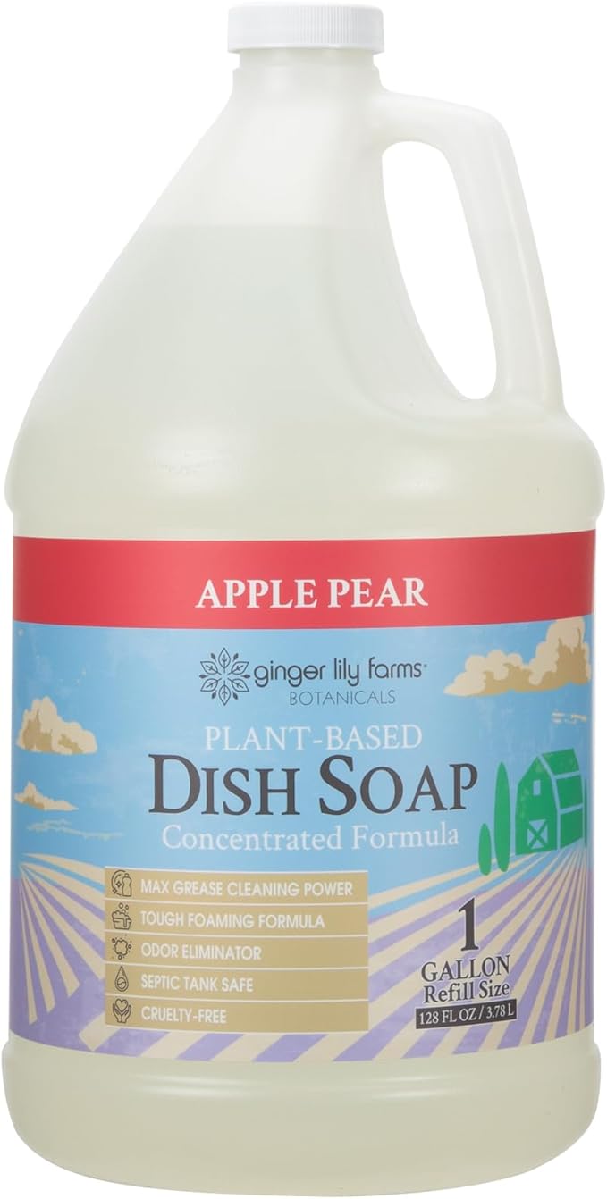 Ginger Lily Farms Botanicals Plant-Based Liquid Dish Soap, Concentrated Formula with Max Grease Cleaning Power, Cruelty-Free, Apple Pear Scent, 1 Gallon (Pack of 4)