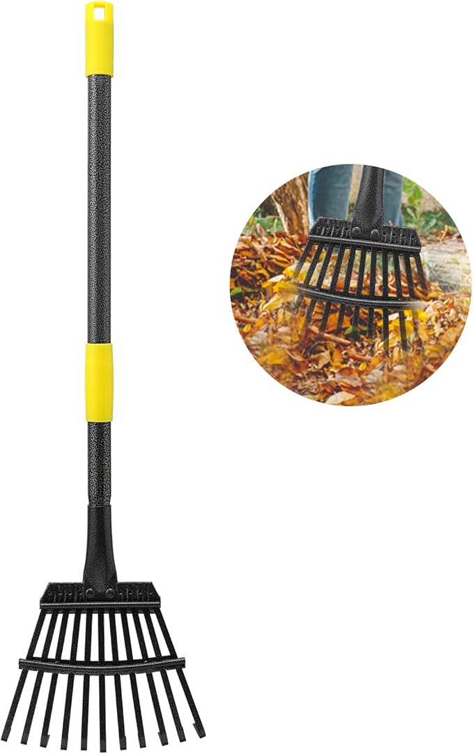 Oliynedy Adjustable Metal Garden Rake for Leaves - Long Handle 30-60", 11 Tines 9" Wide - Small Lawn Collapsible Yard Rake for Adults and Kids - Camping, Flower Beds, Mulch, Shrub