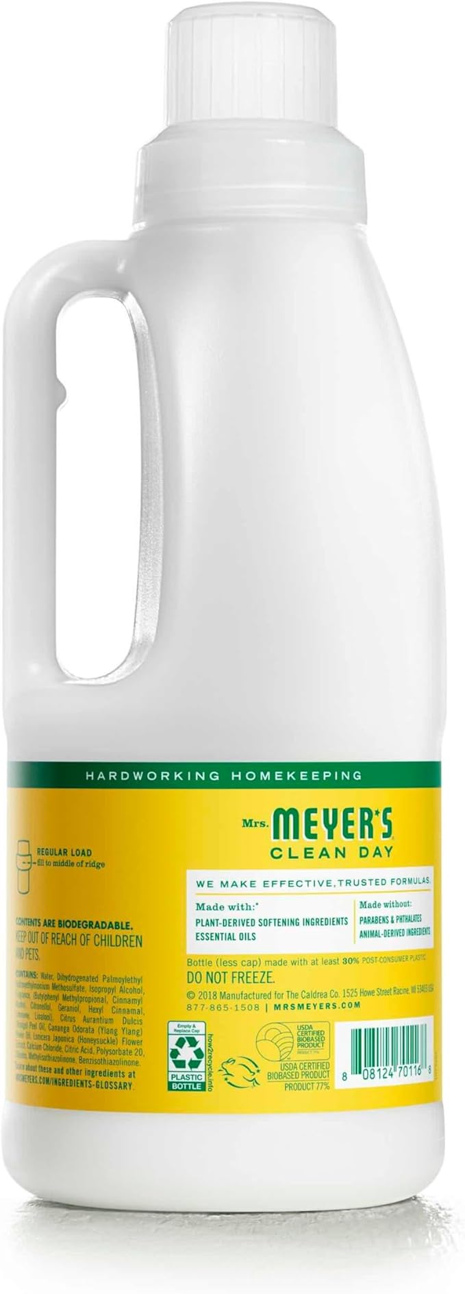 MRS. MEYER'S CLEAN DAY Liquid Fabric Softener,Infused with Essential Oils,Paraben Free,Honeysuckle,32 oz (32 Loads),(Pack of 4)