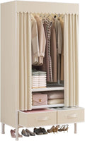 Portable Closet,Garment Rack,Heavy Duty Clothes Rack with Cover,Wardrobe Closet with 1 Hanging Rods, 2 Storage Shelves and 2 Drawers,27.5" L x 17.7" W x 67.7" H,Pale Yellow