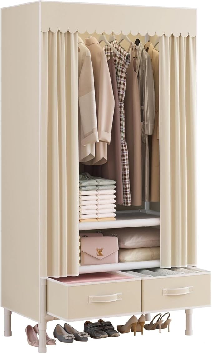 Portable Closet,Garment Rack,Heavy Duty Clothes Rack with Cover,Wardrobe Closet with 1 Hanging Rods, 2 Storage Shelves and 2 Drawers,27.5" L x 17.7" W x 67.7" H,Pale Yellow