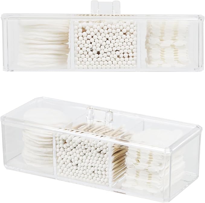ZEXALOR Clear Bathroom Dresser Organizer - Cotton Ball Swab Holder with 3 Divided Compartments&Lid, , Waterproof Transparent Small Plastic Storage Containers, Vanity Makeup Organization