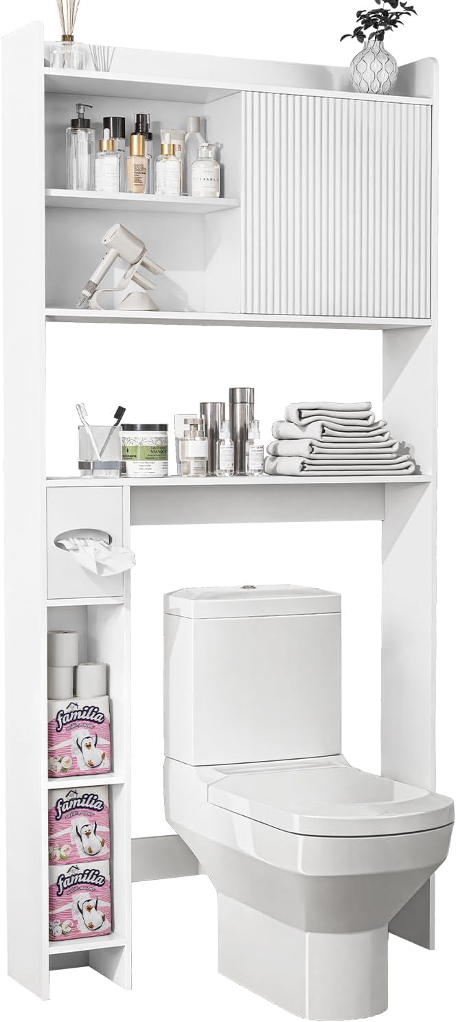 Over The Toilet Storage Cabinet with Sliding Door, 31.5" W Over Toilet Bathroom Organizer with Adjustable Shelves & Toilet Paper Holder, Space Saver Cabinet for Bathroom, White