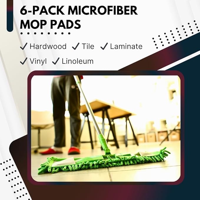 Green Direct Washable Microfiber Mop Head (6 Pack) - Microfiber Replacement Mop Pads 16 x 5.5 Inches for Cleaning of Wet or Dry Floors - Professional Home/Office Cleaning Supplies, Green