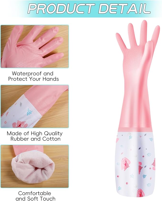 3Pcs Reusable Dishwashing Gloves, Waterproof Long Cuff Non-Slip Household Gloves With Cotton Lined For Laundry, Cleaning, Working, Gardening