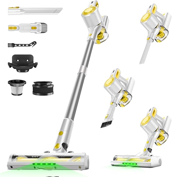 Honki Cordless Vacuum Cleaner for Home, Powerful Stick Vacuum with Rechargeable Battery, Green Light Anti-Tangle Brush, 6-in-1 Lightweight Handheld Vacuum for Pet Hair, Hard Floor, Carpet, Yellow
