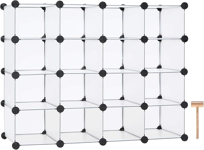 C&AHOME Plastic Shoe Rack,16-Cube Modular Shoes Storage Stand, Multifunction Closet Cabinet, Stackable Shoe Organizer for Bedroom Doorway Entryway Hallway, 36" L × 14.2" W × 28" H White SRP15A