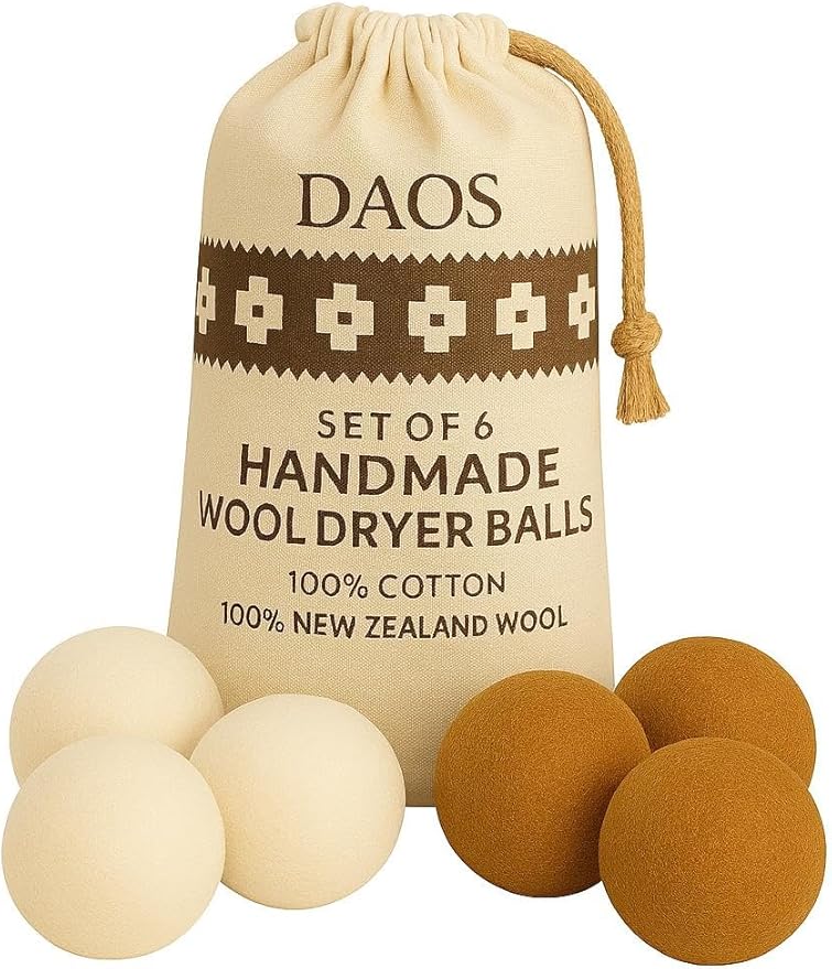 Wool Dryer Balls – Pack of 6 (3 White + 3 Brown) with Storage Bag – 100% New Zealand Wool – Reusable, Eco-Friendly Natural Laundry Dryer Balls for Faster Drying