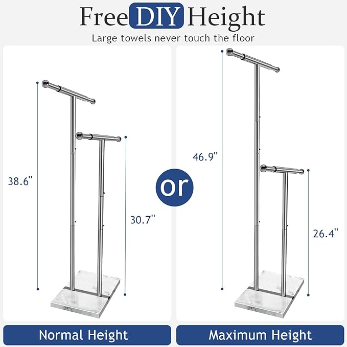 Kayfia 40" Standing Towel Rack with Weighted Marble Base, Width Adjustable & Taller Bathroom Towel Rack Stand, 2-Tier Towel Racks for Bathroom, Multiple Spaces Stainless Steel Brushed Finish
