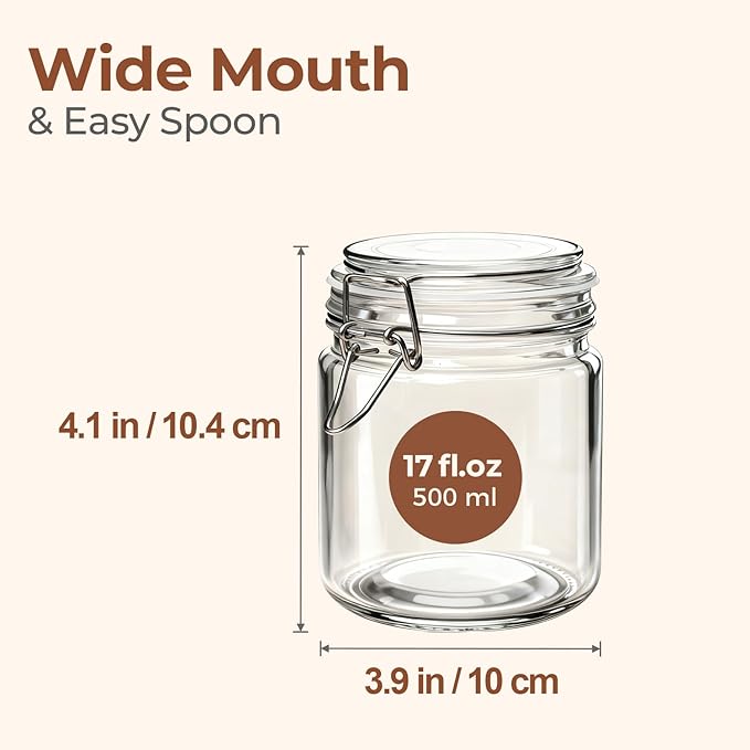 ComSaf 17oz Glass Jars with Airtight Lids 6-Pack, Wide Mouth Wire Clamp Canisters for Sourdough Starter, Fridge Pickling & Pantry Organization, Straight-Sided Farmhouse Apothecary Jars (500ml)