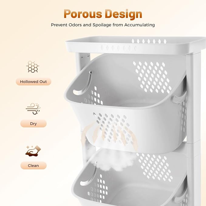 Household Storage Basket, 360° Rolling Movable Laundry Basket,Floor-Standing White Multi-layer Clothes Organizer for Kitchen,living Room and Bathroom (3 Tiers)