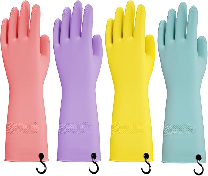 Dishwashing Rubber Gloves for Cleaning – 4 Pairs Kitchen Gloves with Handing Hooks Washing Dishes Household Glove - Small