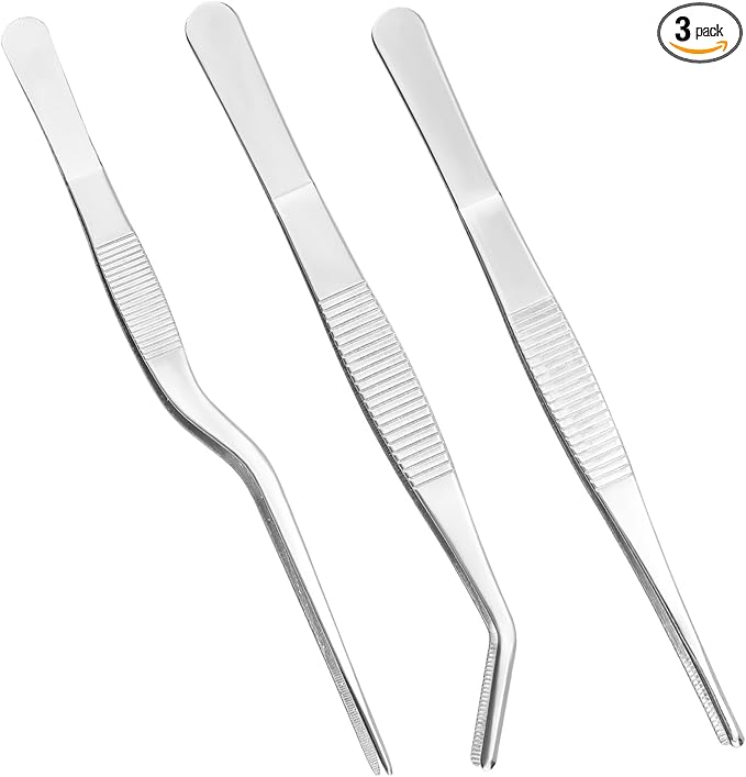 3pcs Plant Tweezers, Long Straight Stainless Steel Garden Bend Tongs Set Multi Purpose Tools for Gardening Bonsai and Reptile Feeding & Kitchen Use