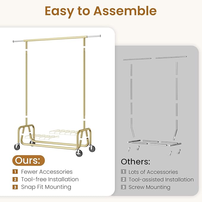 Heavy-duty Clothing Rack with Wheels, Rolling Clothes Rack, Clothes Racks for Hanging Clothes, Metal Standing Garment Racks, Gold