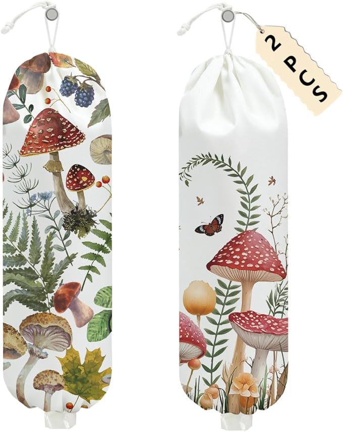 2 Pcs Mushroom Plastic Bag Holder for Kitchen Essentials, Floral Butterfly Grocery Bag Holder Plastic Storage bag, Washable Shopping Bags Storage Dispenser for Home Kitchen, Mushroom Gifts for Women