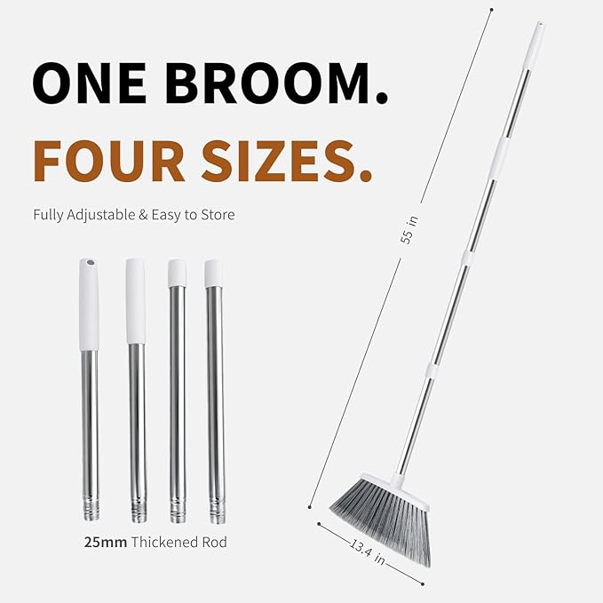 Broom, Outdoor Brooms for Sweeping Indoor, Adjustable 55" Pet Hair Removal Heavy Duty Broom for Floors Home Kitchen Garage Commercial Patio Industrial Snow (White)