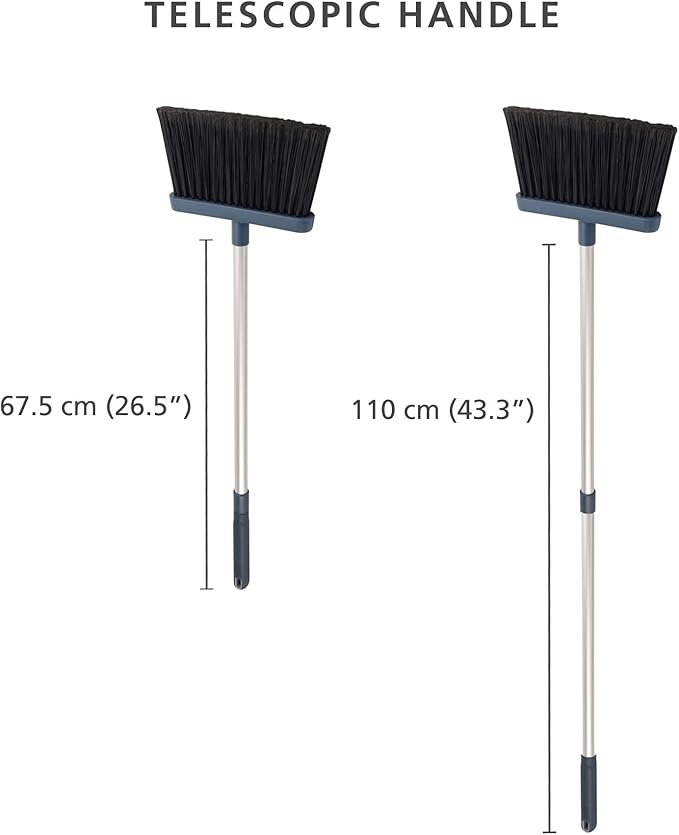 Joseph Joseph CleanStore Wall-Mounted Adjustable Long Handle Broom Sweeper with Dust-Shield Storage, Indoor Sweeping Floor Brush with Soft Bristles and Comb