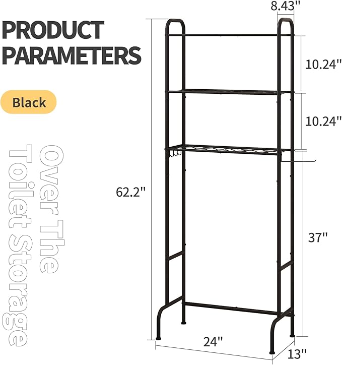 Over The Toilet Storage,3-Tier Heavy Duty Metal Bathroom Organizer, Freestanding Space Saver with Wide Shelves for Towels & Toilet Paper (Black)