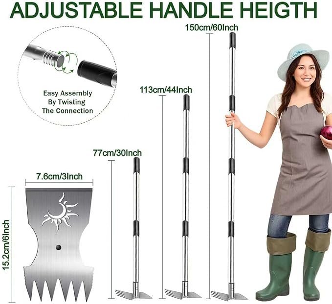 Weeding Tool with Long Handles, 60" Manual Weed Tool Stainless Steel 2 in 1 Hand Weeding Slicker for Gardening, Lawn, Yard, Yard, Yard