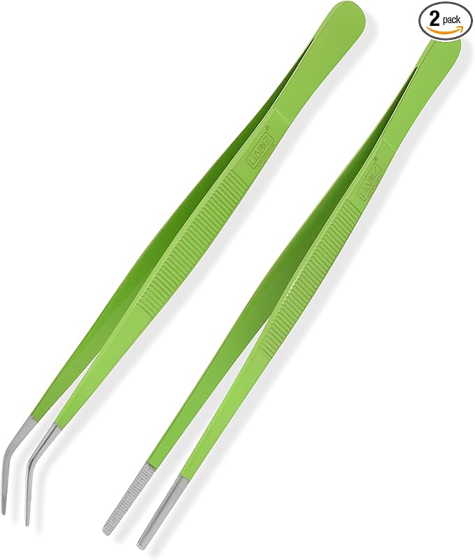 HADIZ Stainless steel Garden Tweezers Two Piece Set For Catus and Succulents 8 Inch Size (Straight & curved)