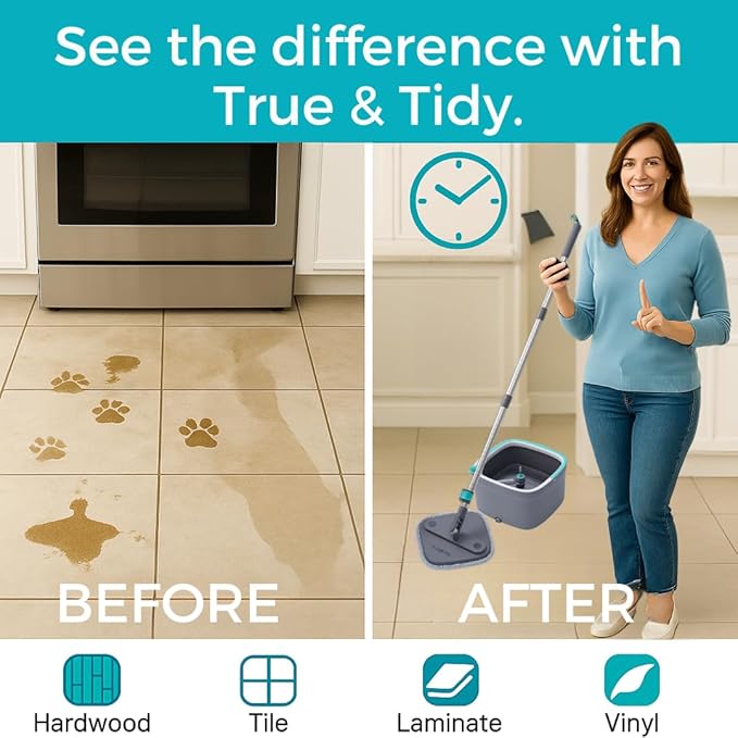 TRUE & TIDY Square Spin Mop & Bucket System – Dual Chamber for Clean & Dirty Water, 360° Rotating Self-Wringing Mop with Built-in Scrub Brush, Stainless Steel Handle & 2 Reusable Microfiber Mop Pads