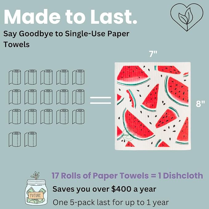 Harps&Seb Swedish Dishcloths for Kitchen Dish Towels - 5 Pack, Non-Scratch Reusable Paper Towels, Super Absorbent Washable Swedish Dish Cloths, No Odor, Biodegradable,Summer Design