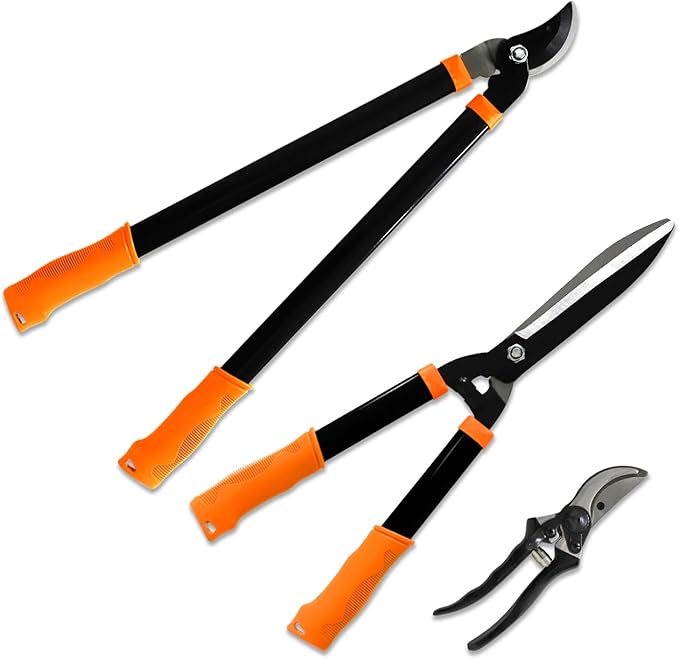 TANG Sunshades Loppers Garden Tool, 3PCS Combo Gardening Tools Set with Lopper, Hedge Shears, Pruner Shears; Tree Trimmer Branch Cutter for Yard Lawn Garden, Hedge Clippers Gifts