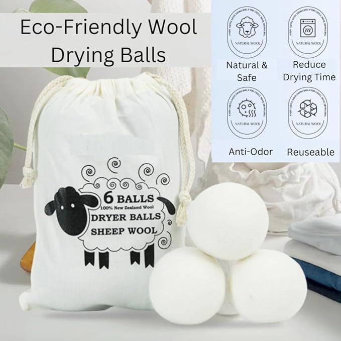 Wool Dryer Balls (6pc) – 100% Organic New Zealand Wool, Natural Fabric Softener, Reusable, Reduces Wrinkles & Drying Time, Eco-Friendly, Lint-Free, Chemical-Free Alternative to Dryer Sheets
