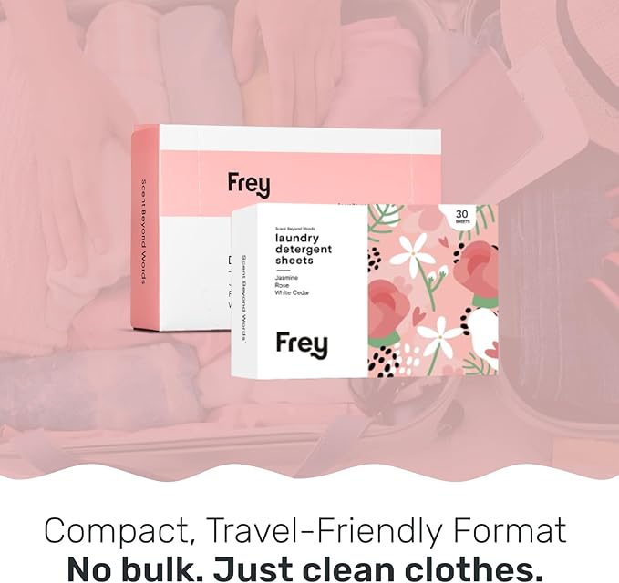 FREY Laundry Detergent & Dryer Sheets Bundle | 60 Count | Plastic Free | Liquidless Full Wash Solution | Soft Fresh Clothes (Jasmine Meadow)
