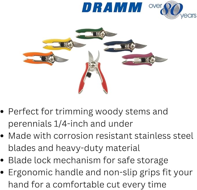 Dramm ColorPoint Stainless Steel Compact Garden Pruning Shears, Hand Pruner, Garden Clippers, with Heavy Duty Blade and Easy grip Handle, Orange