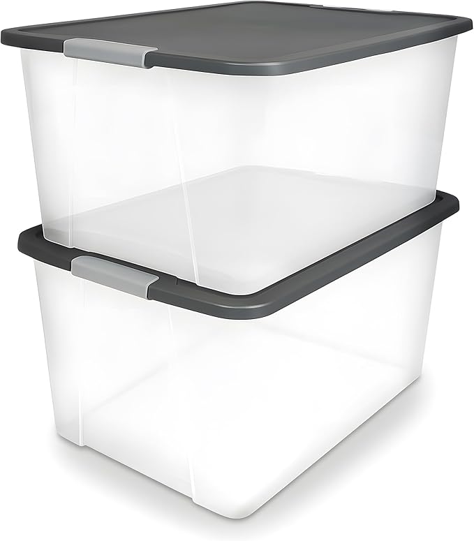 HOMZ 2-Pack Secure Latch, Clear Plastic Storage Organizer Bins, 64 Quart, Gray Lid - Heavy-Duty Container Boxes with Lids for Home, Office, and Garage
