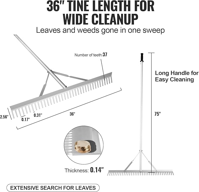 VEVOR Landscape Rake, 36" Head Aluminum Lake Weed Rake with 75" Long Handle for Loosening Soil, Lawn Care, Weeding Lake, Garden, Silver